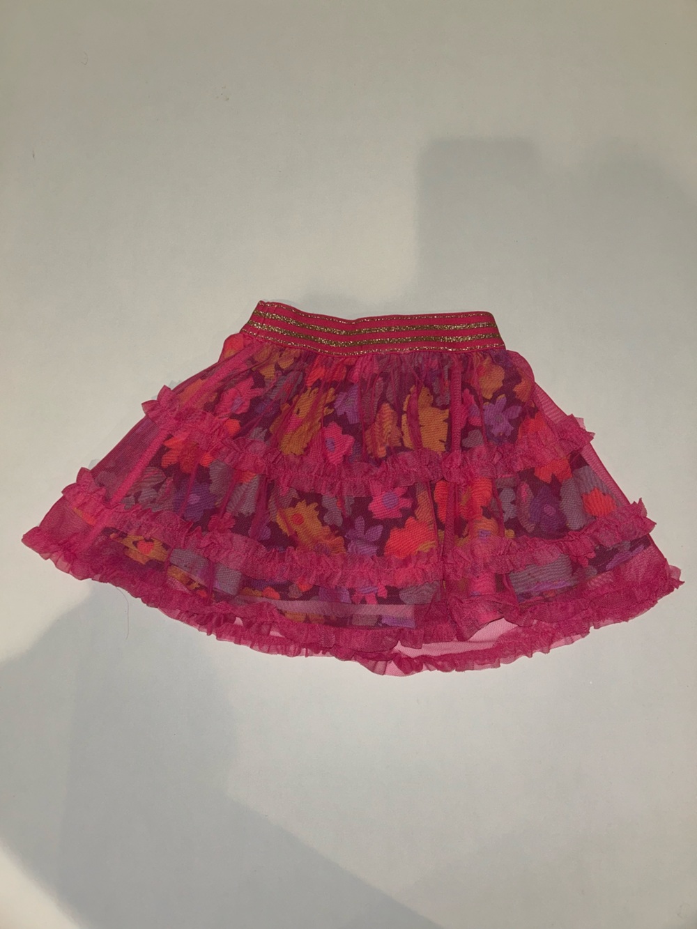 Girls Pink Floral Ruffle Skirt with Glitter Waistband